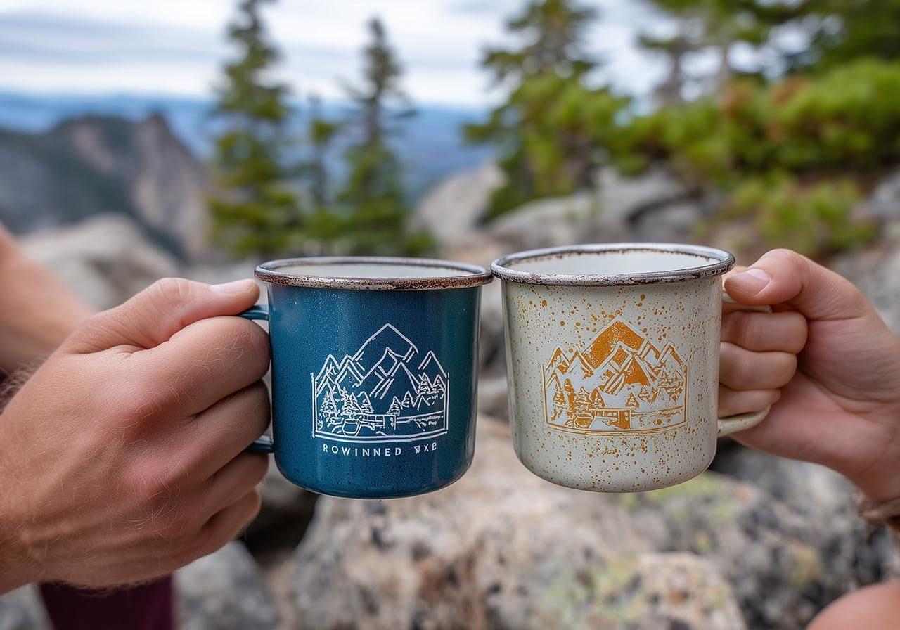 Two people smiling while holding coffee mugs featuring mountain designs.